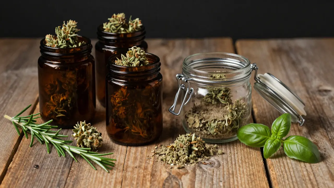 Dunkle Glasbehälter zeigen korrekte Lagerung von Cannabis für Frische