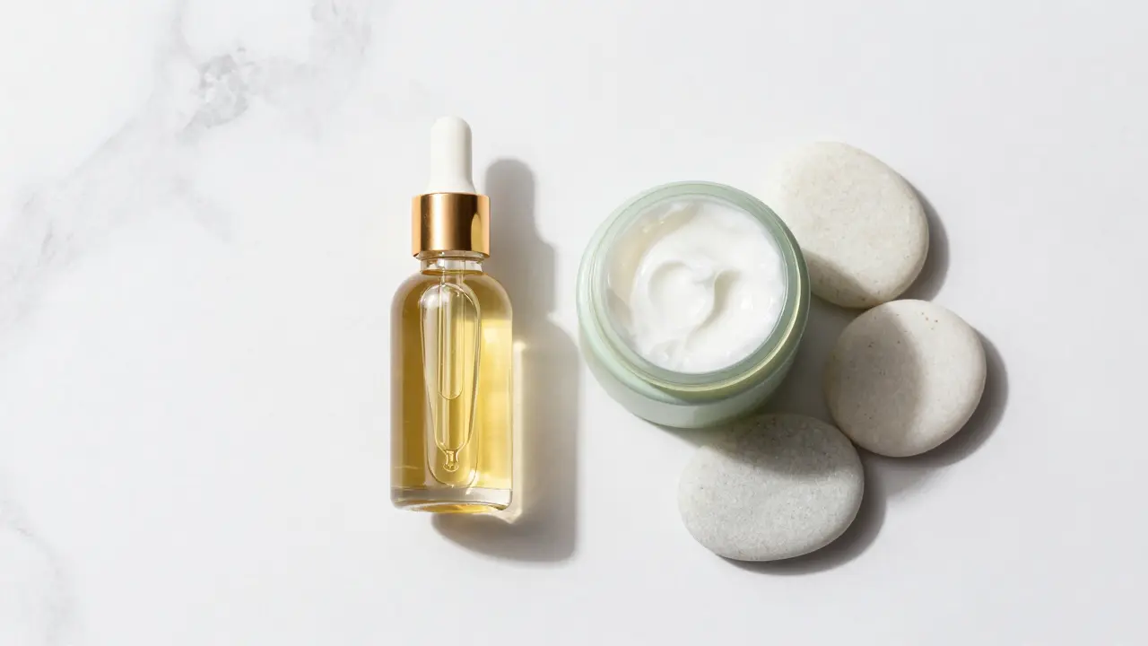 Elegante Skincare-Produkte wie Öl und Creme auf Marmoroberfläche