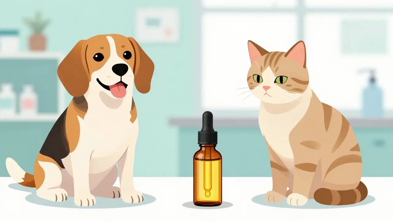 Entspannter Hund und vorsichtige Katze mit einer Pipette CBD-Öl dazwischen