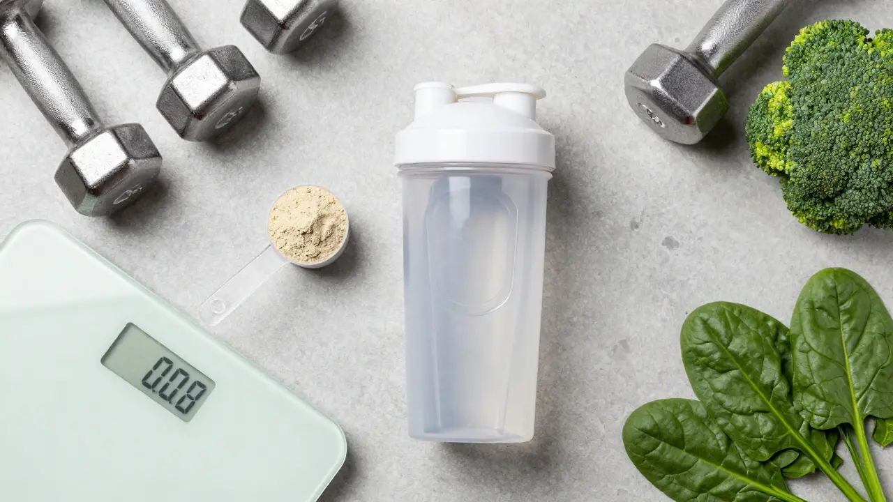 Flachbild von Shaker, Gewichten und Gemüse für gesunde Ernährung