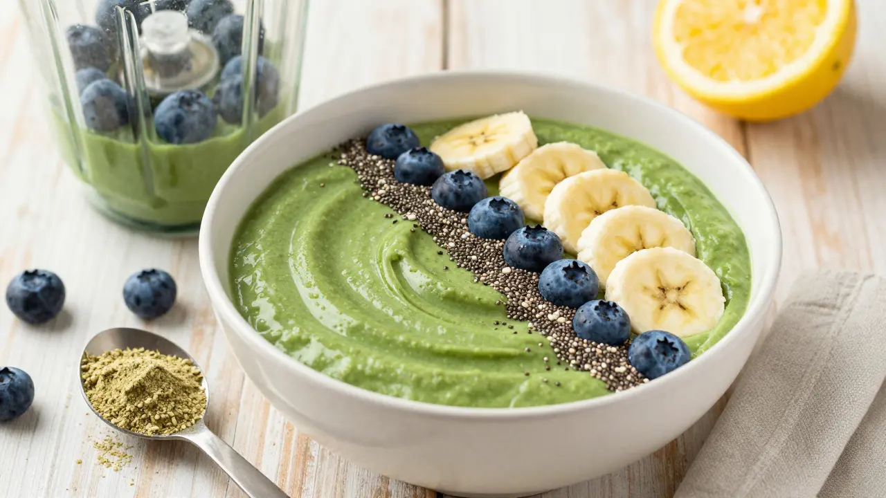 Gesunde Smoothie-Bowl mit Beeren und Hanfprotein-Pulver als Topping