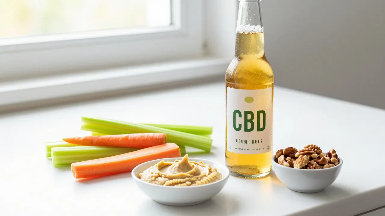 Gesunde Snacks wie Gemüsesticks neben einer Flasche Cannabis-Bier
