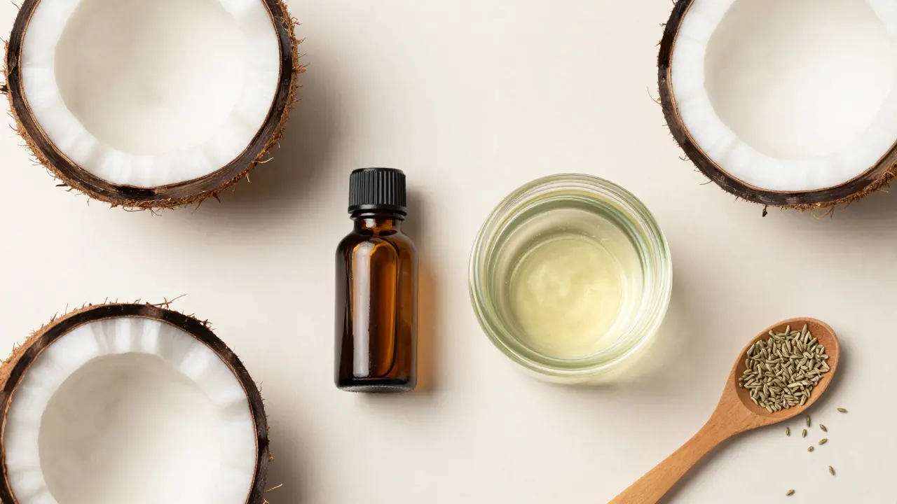 H4CBD-Fläschchen neben Kokosöl und Naturzutaten auf weißem Tisch