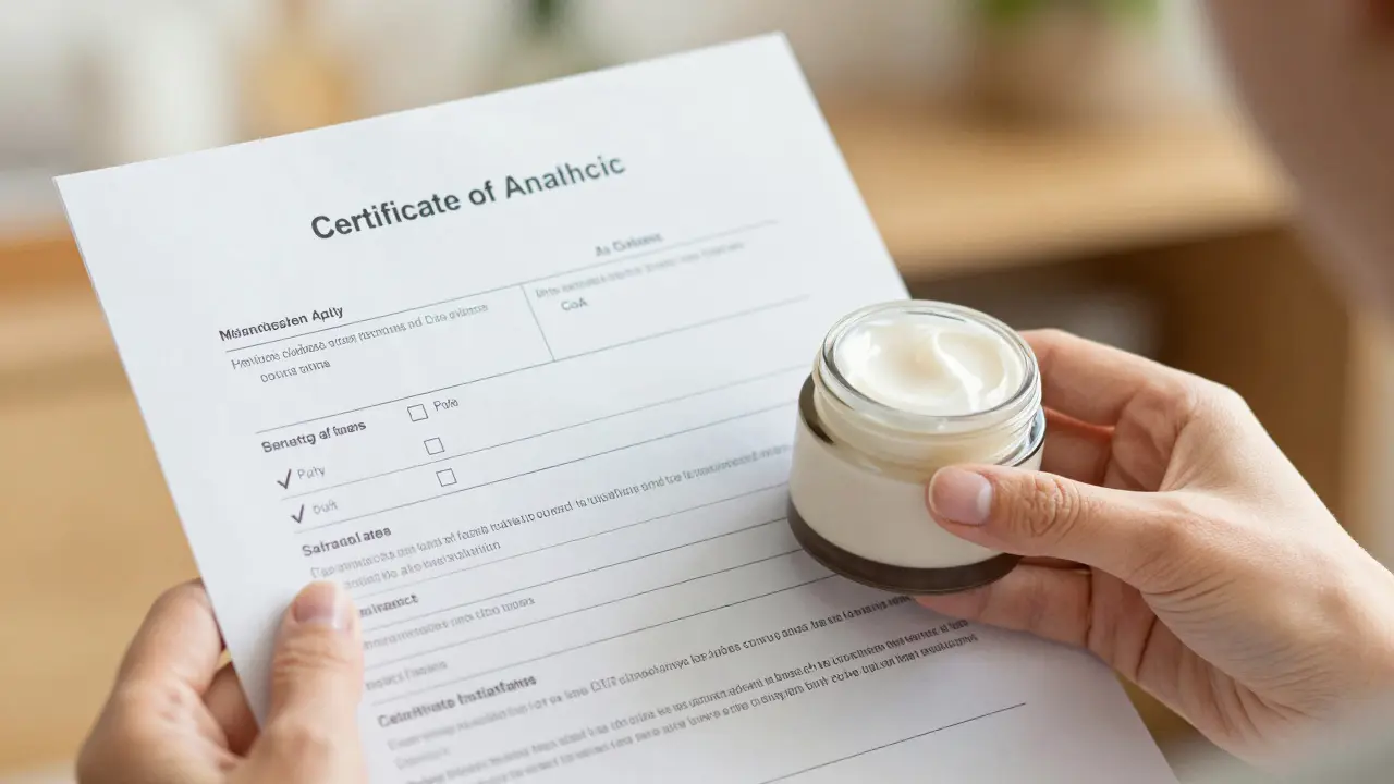 Hand hält Analysebescheinigung neben einer Dose CBD-Gesichtspflege