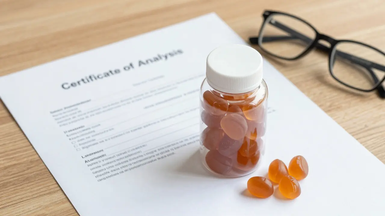 HHC-Gummis neben Labortest-Zertifikat für Qualitätskontrolle