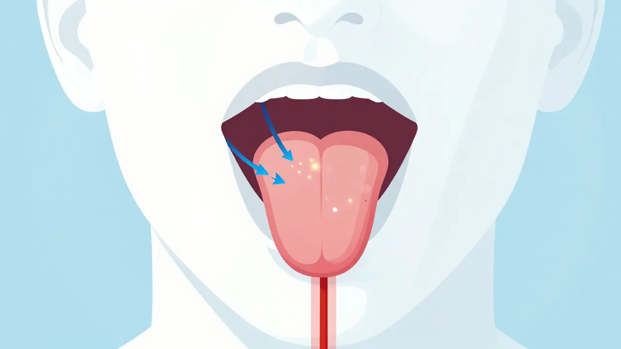 Illustration der sublingualen vs. oralen Cannabinoid-Aufnahme im Mund