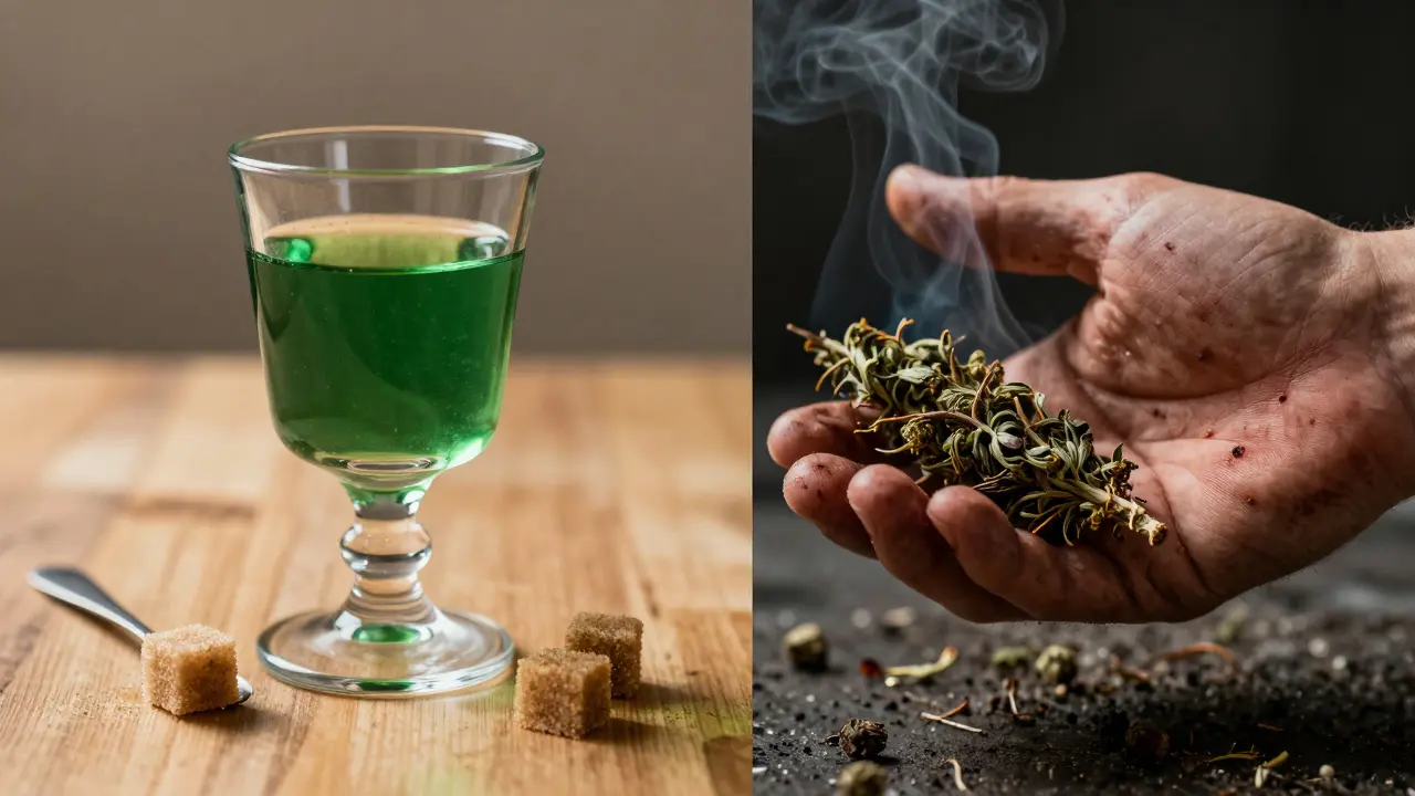 Kontrast zwischen sicherem Absinthgenuss und gefährlichem Rauchen