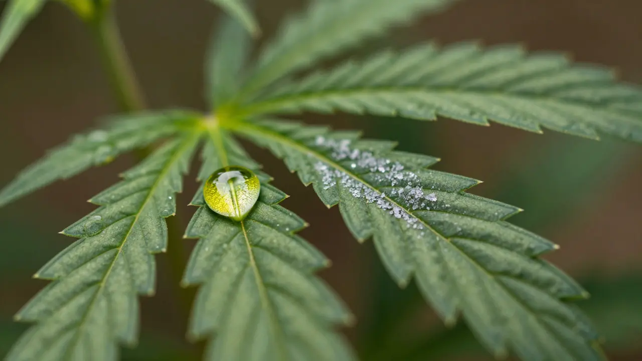 Makroaufnahme eines Cannabissblatts mit CBD-Extrakt