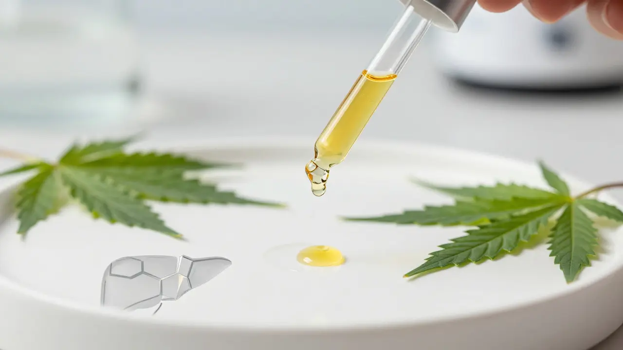 Makroaufnahme von CBD-Öl-Tropfen mit Hanfblättern und abstrakter Leberdarstellung