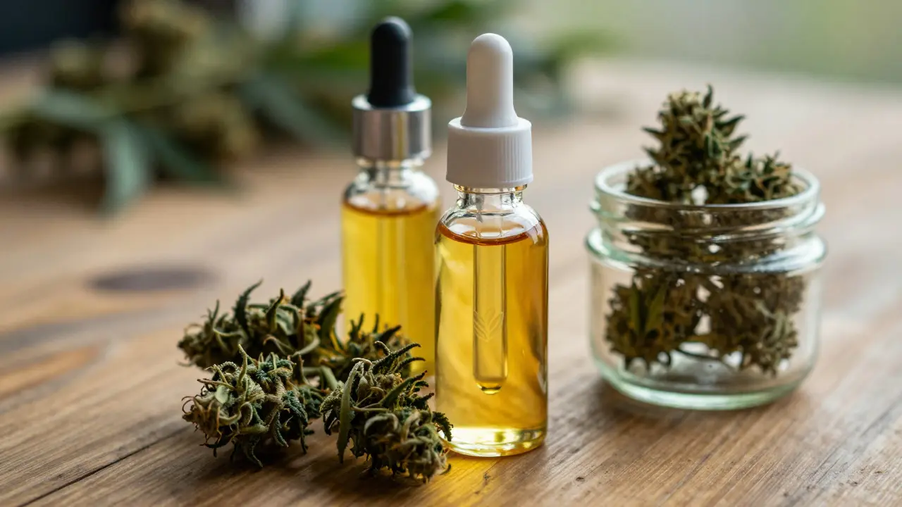 Nahaufnahme von CBD-Ölflasche und Marihuanablüten auf Holztisch