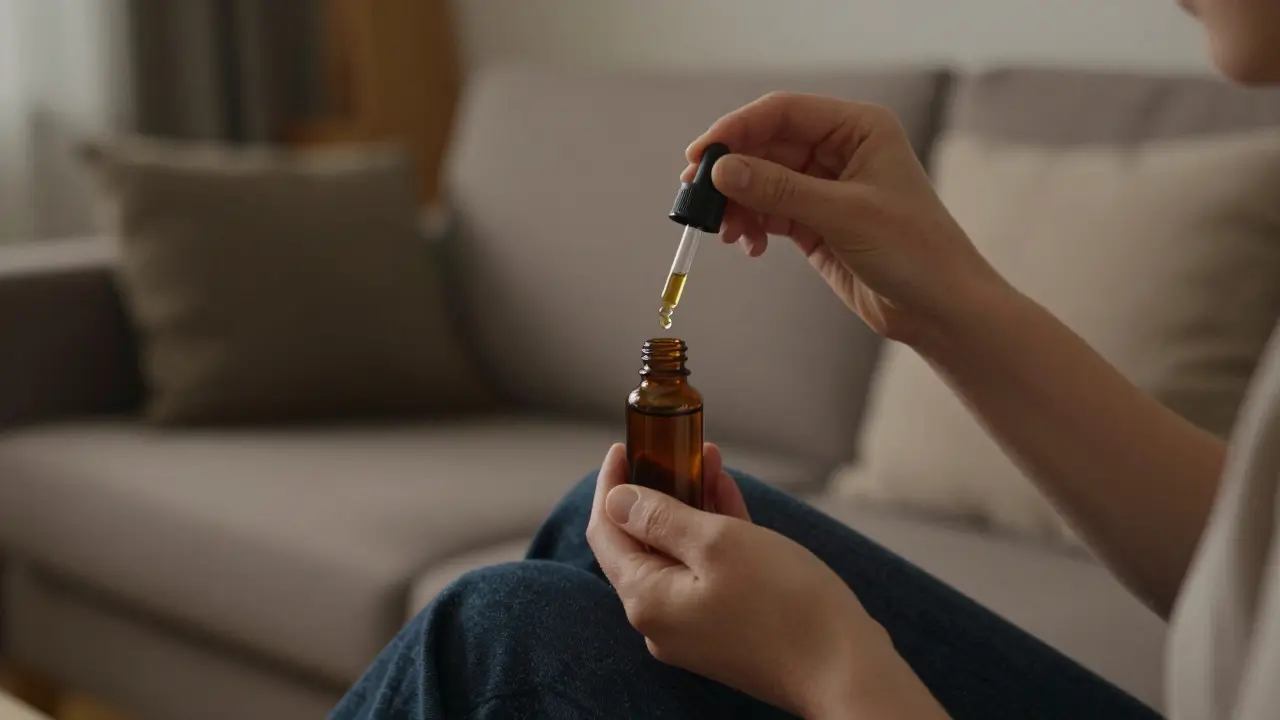 Person dosiert vorsichtig Cannabinoid-Öl mit einer Pipette