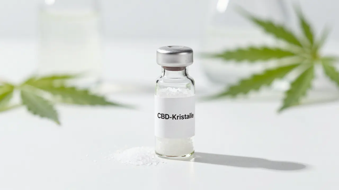 Reine weiße CBD-Kristalle in einer Glasflasche vor labormäßigem Hintergrund