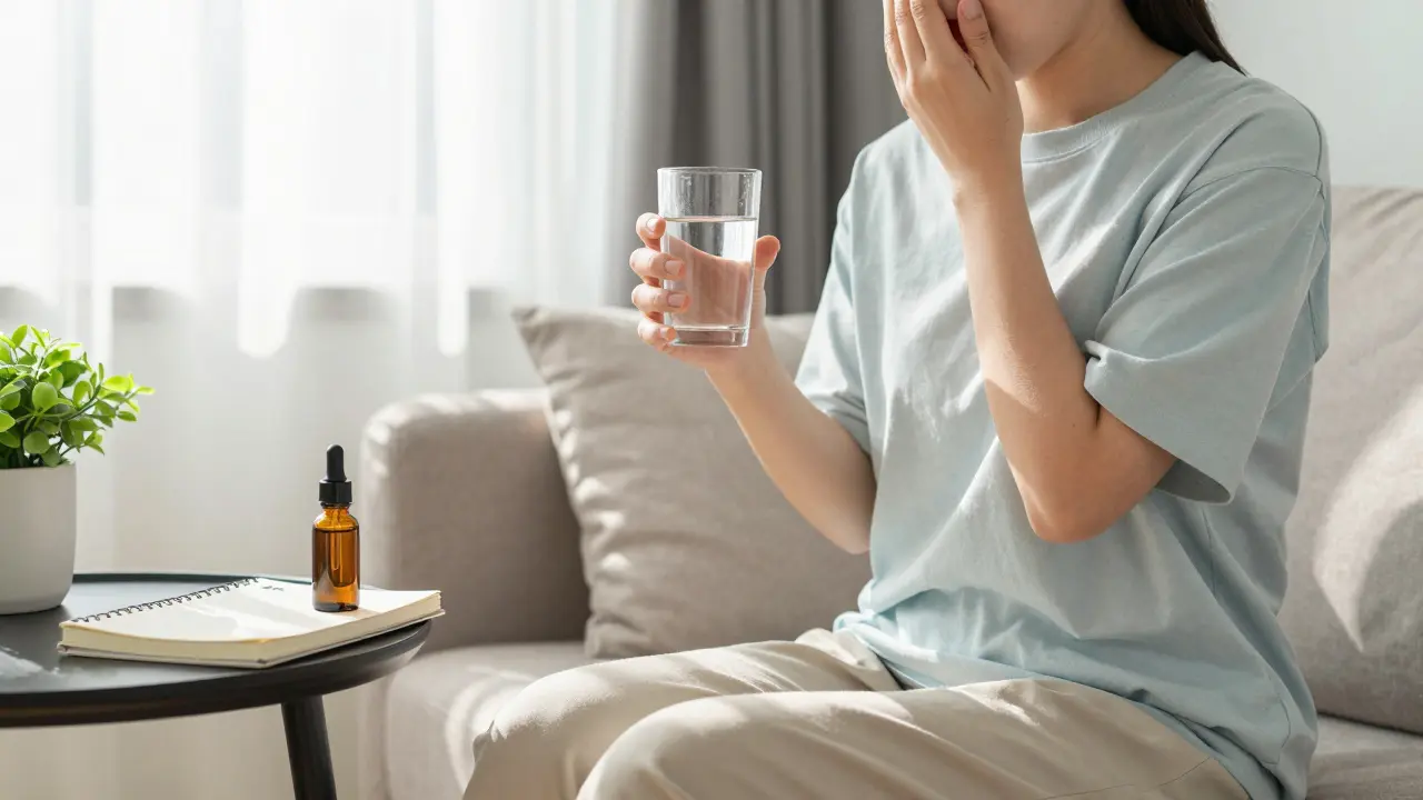 Relaxed person taking CBD oil in a sunny, calm room