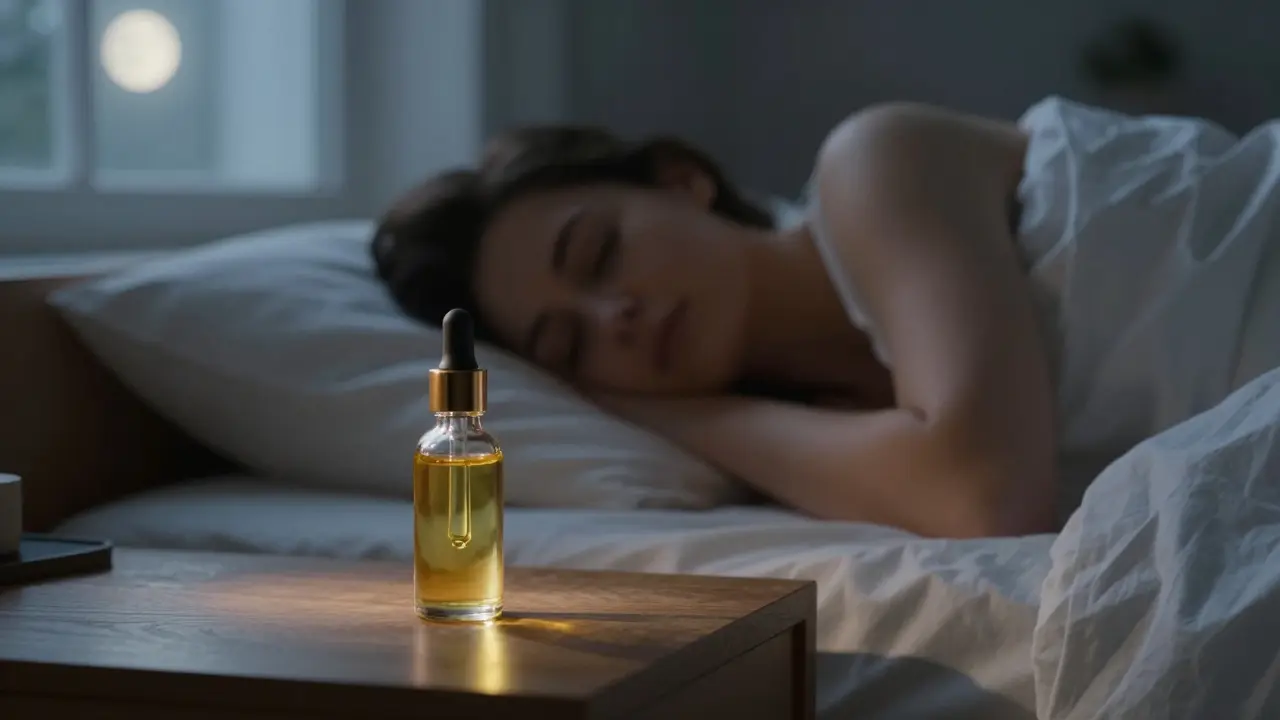 Ruhige Schlafszene mit einer Öldropflerflasche auf dem Nachttisch