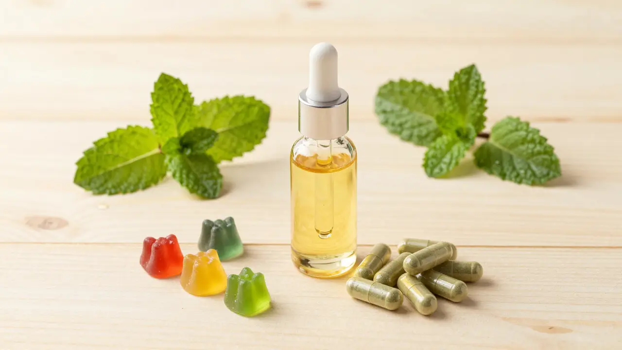 Sichere CBD-Alternativen: Öl, Kapseln und Edibles auf einem Holztisch
