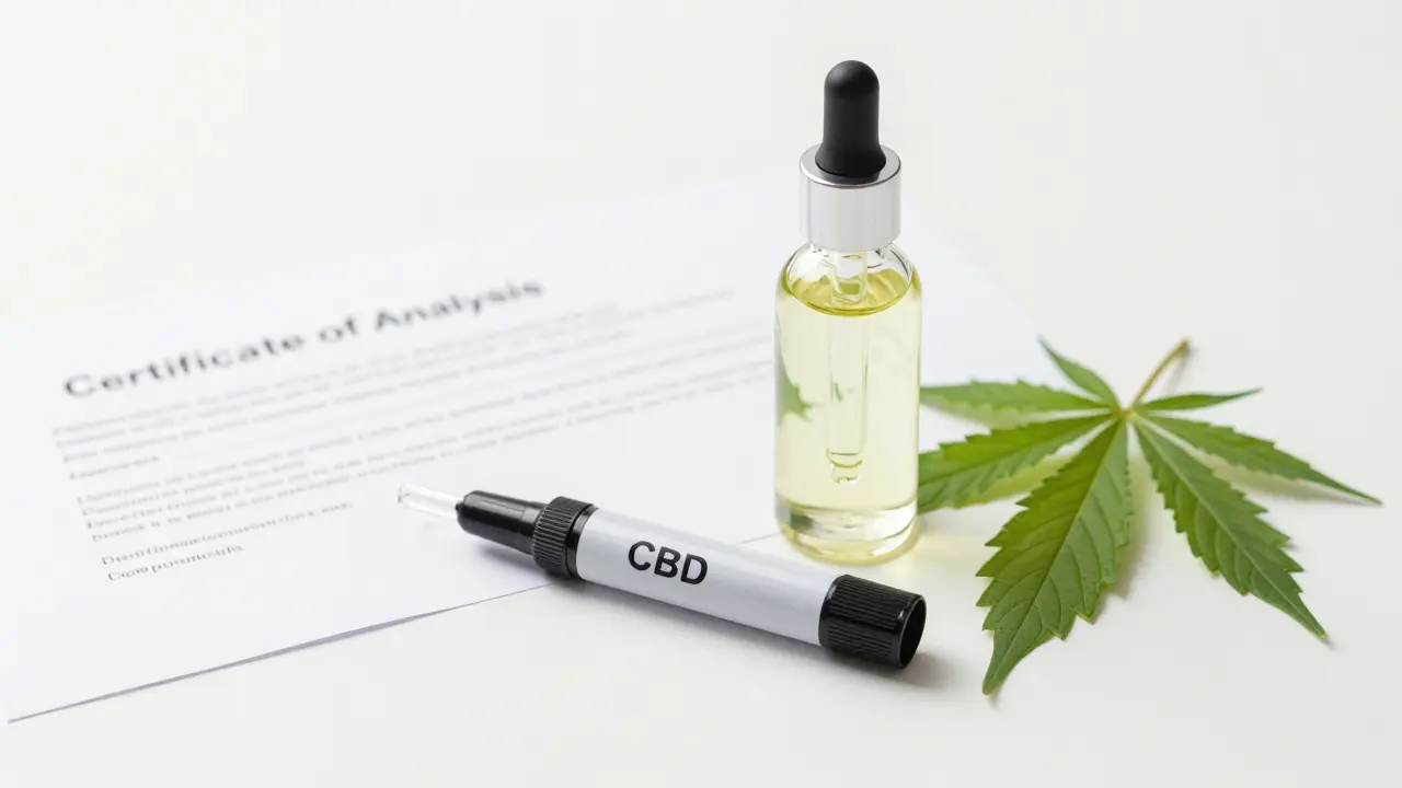 Sichere CBD-Kartusche neben Laborbericht und Hanfpflanze für Qualitätssicherung