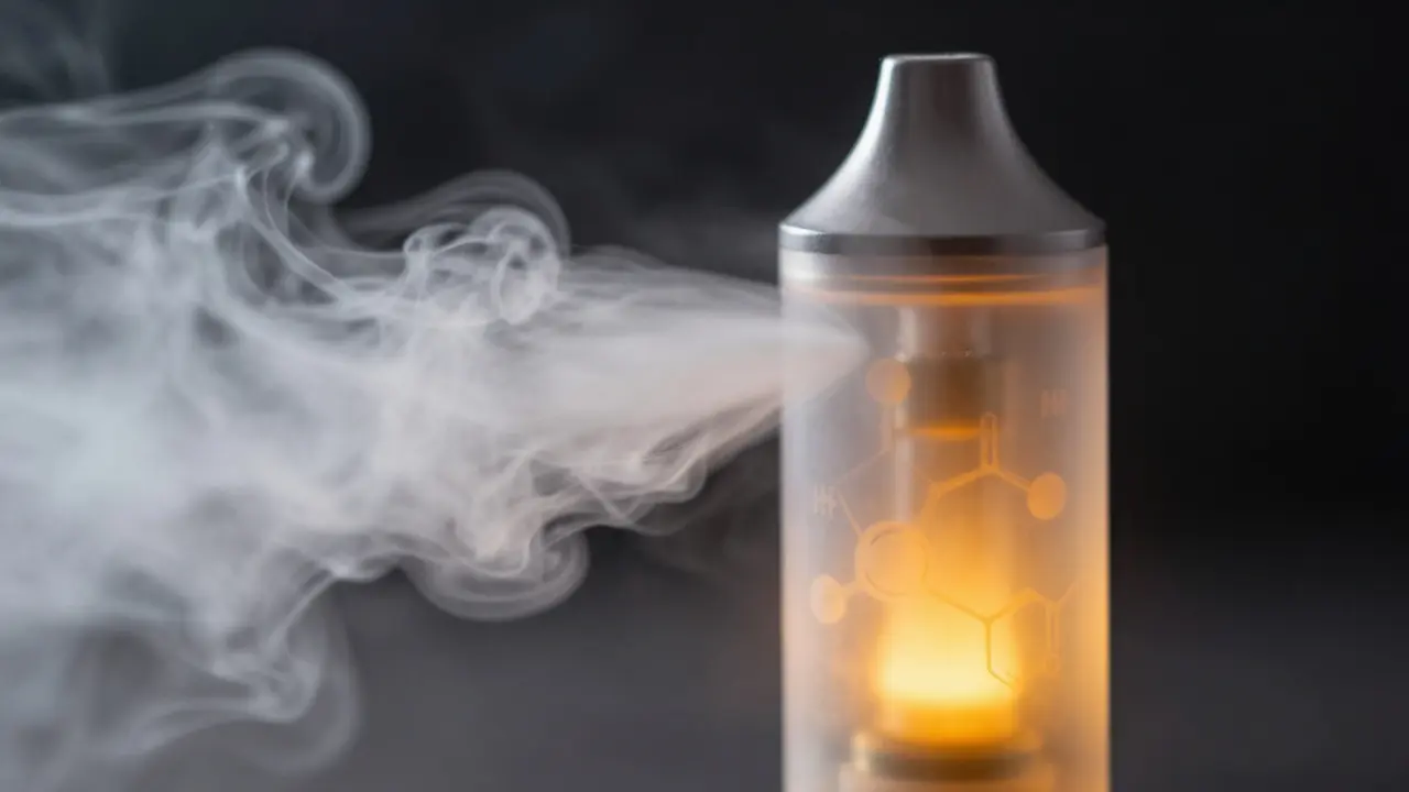 Vape-Gerät mit Dampf, der schädliche chemische Strukturen wie Diacetyl zeigt