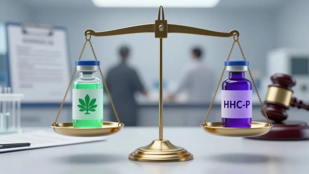 Waage mit Cannabinoid-Fläschchen, Symbol für Potenz und Legalität