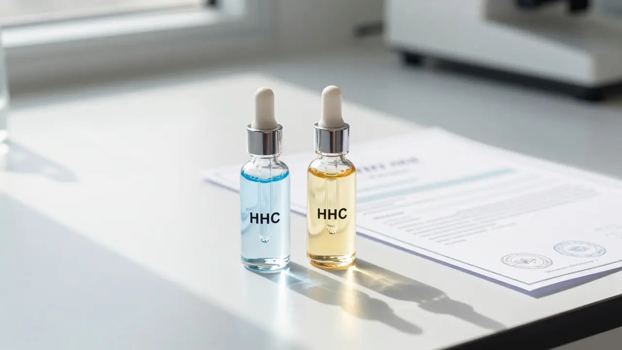 Zwei Glasflaschen mit Cannabinoid-Ölen neben einem Labortest-Zertifikat.