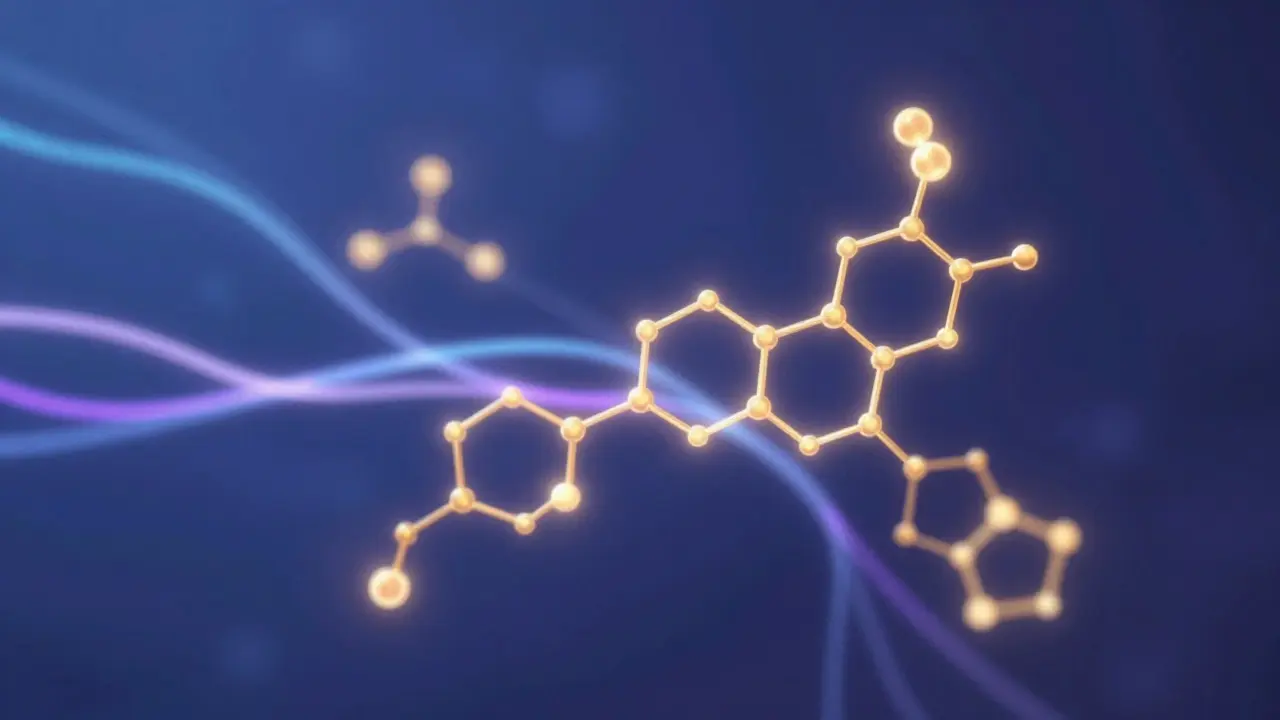 Abstrakte Darstellung von CBD-Molekülen und neuronalem Gleichgewicht in Gold und Blau