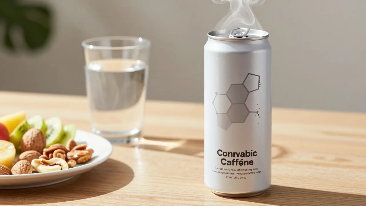 Energy-Drink-Dose mit Wasser und gesunder Ernährung als Tipp zur Vermeidung von Nebenwirkungen