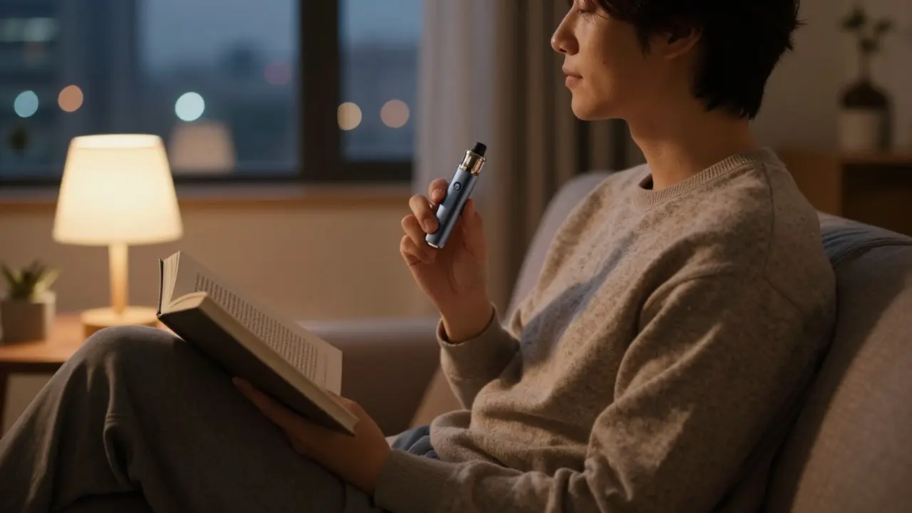 Entspannte Person im gemütlichen Wohnzimmer am Abend mit einem Vape-Gerät