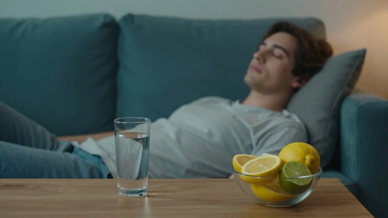 Entspannte Person mit Wasser und Zitrusfrüchten im Wohnzimmer