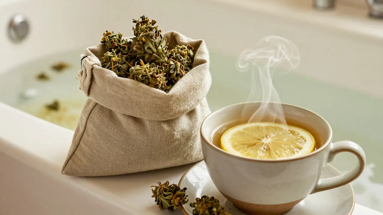 Entspannungsszene mit CBD-Tee und Badelinge aus alten Hanfblüten im Badezimmer.