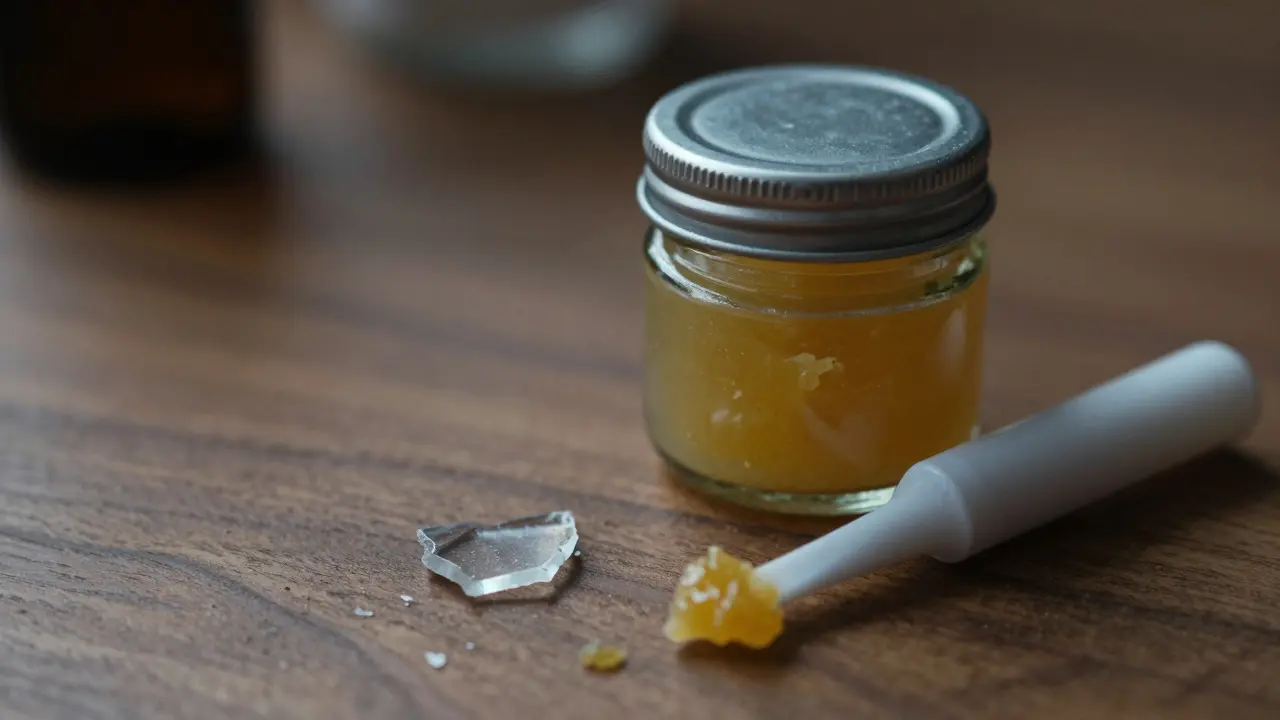 Glasbehälter mit CBD-Konzentraten und Dab-Tool zur sicheren Lagerung