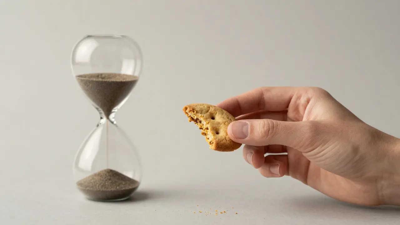 Hand hält ein Viertel eines Keks neben einer Sanduhr für Geduld