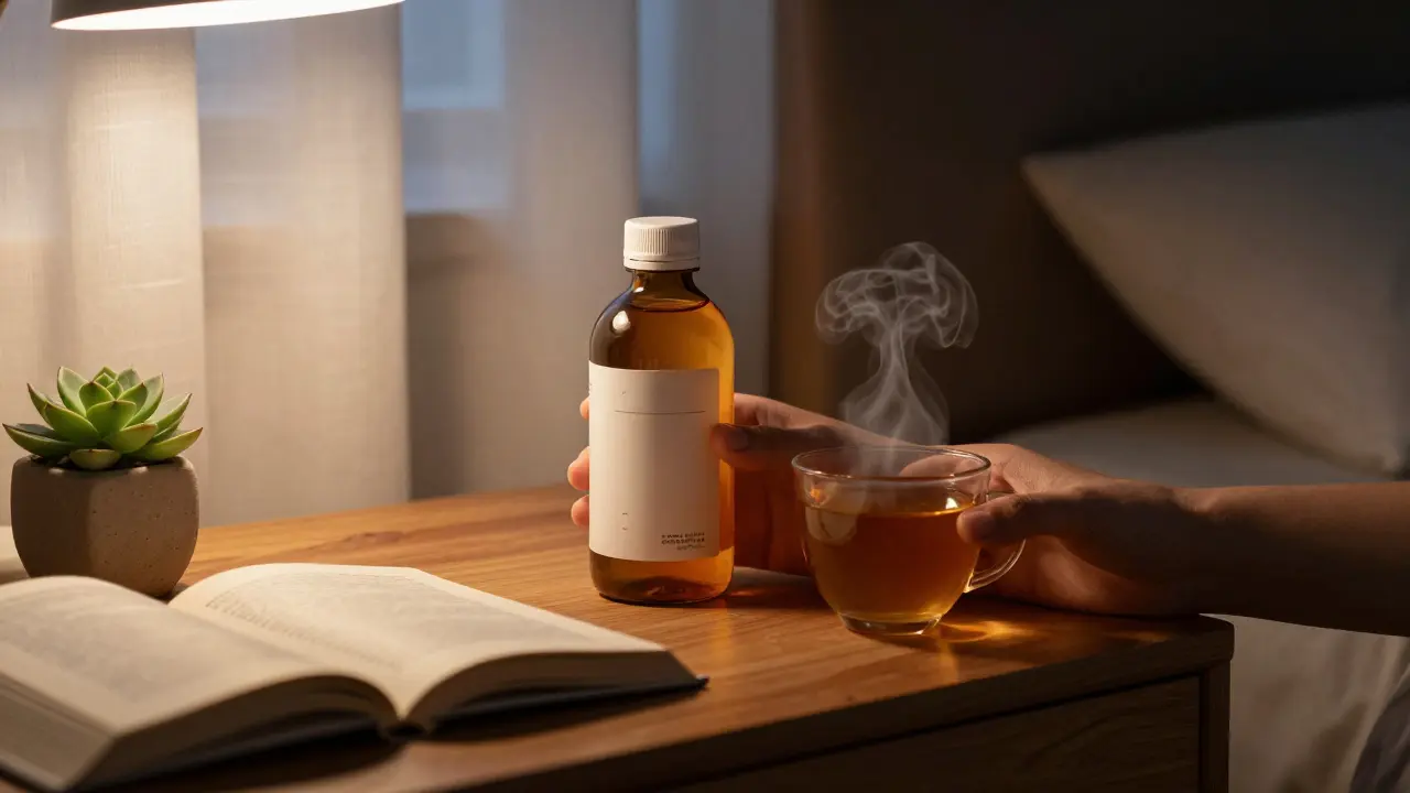 Hand hält Hanfgetränk neben Tee und Buch bei gedämpftem Abendlicht