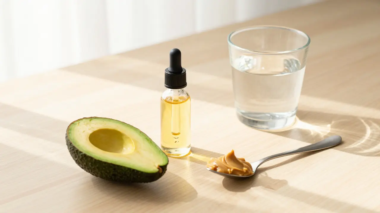 HHC-Öl mit Avocado und Wasser für optimale Aufnahme dargestellt