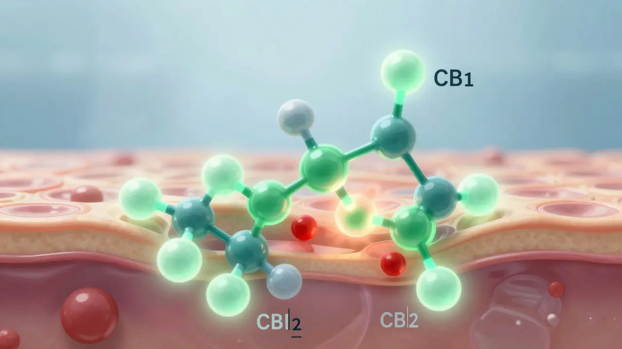 Konzeptionelle Darstellung von CBD-Molekülen, die mit Hautrezeptoren interagieren