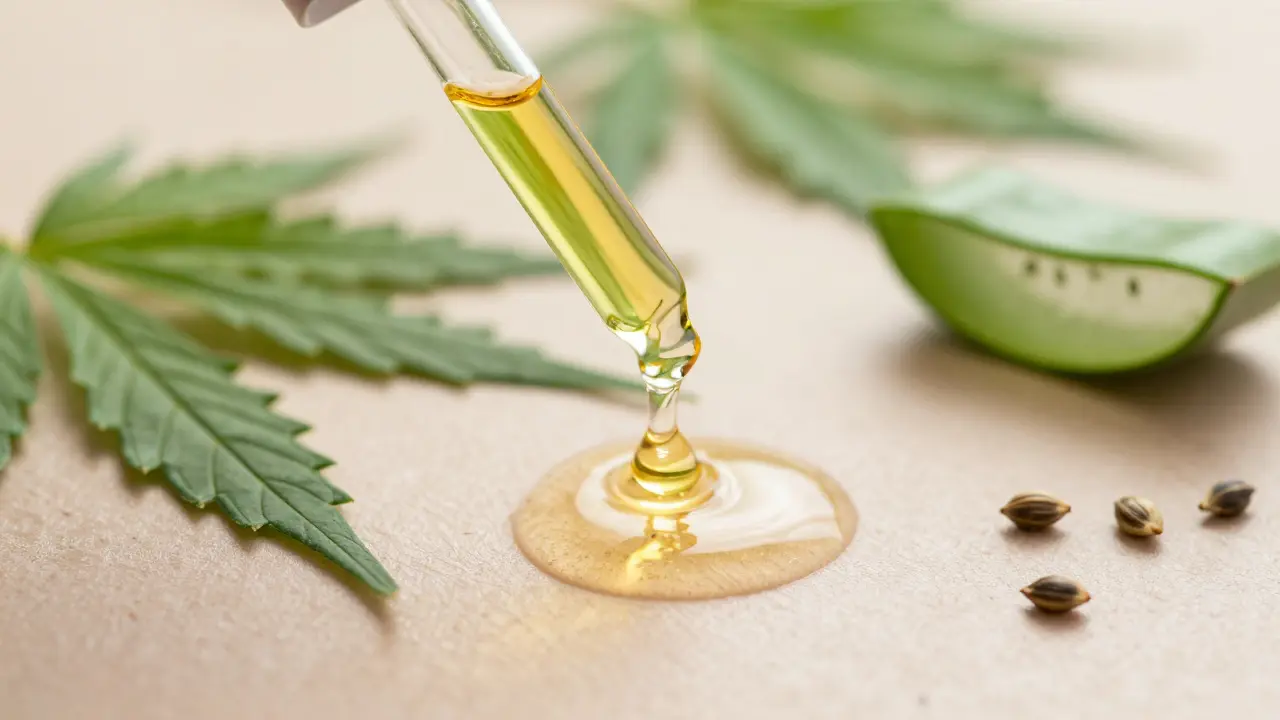 Makroaufnahme von CBD-Öl, das auf glatte Haut tropft, umgeben von Hanfblättern