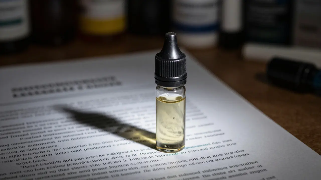Nahaufnahme eines verdächtigen Vape-Produkts mit unscharfen Dokumenten