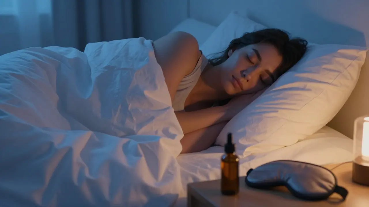 Person schläft ruhig im Bett, CBD-Flasche im Vordergrund bei Dämmerung