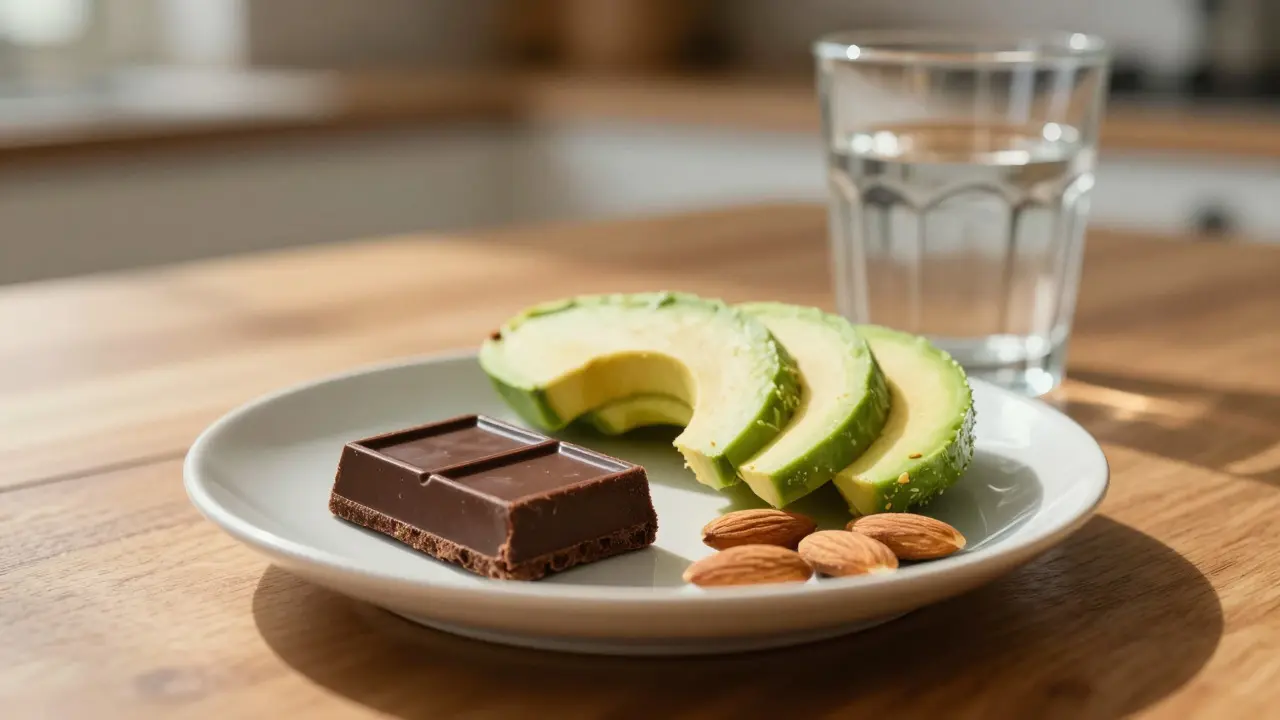 Schokolade und gesunde Fette wie Avocado auf einem Holztisch bei Sonnenlicht
