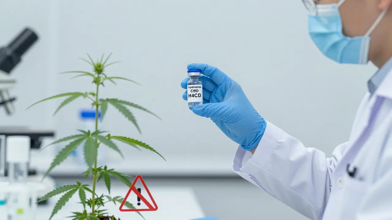 Wissenschaftler prüft ein Fläschchen H4CBD in einem sauberen Laborumfeld