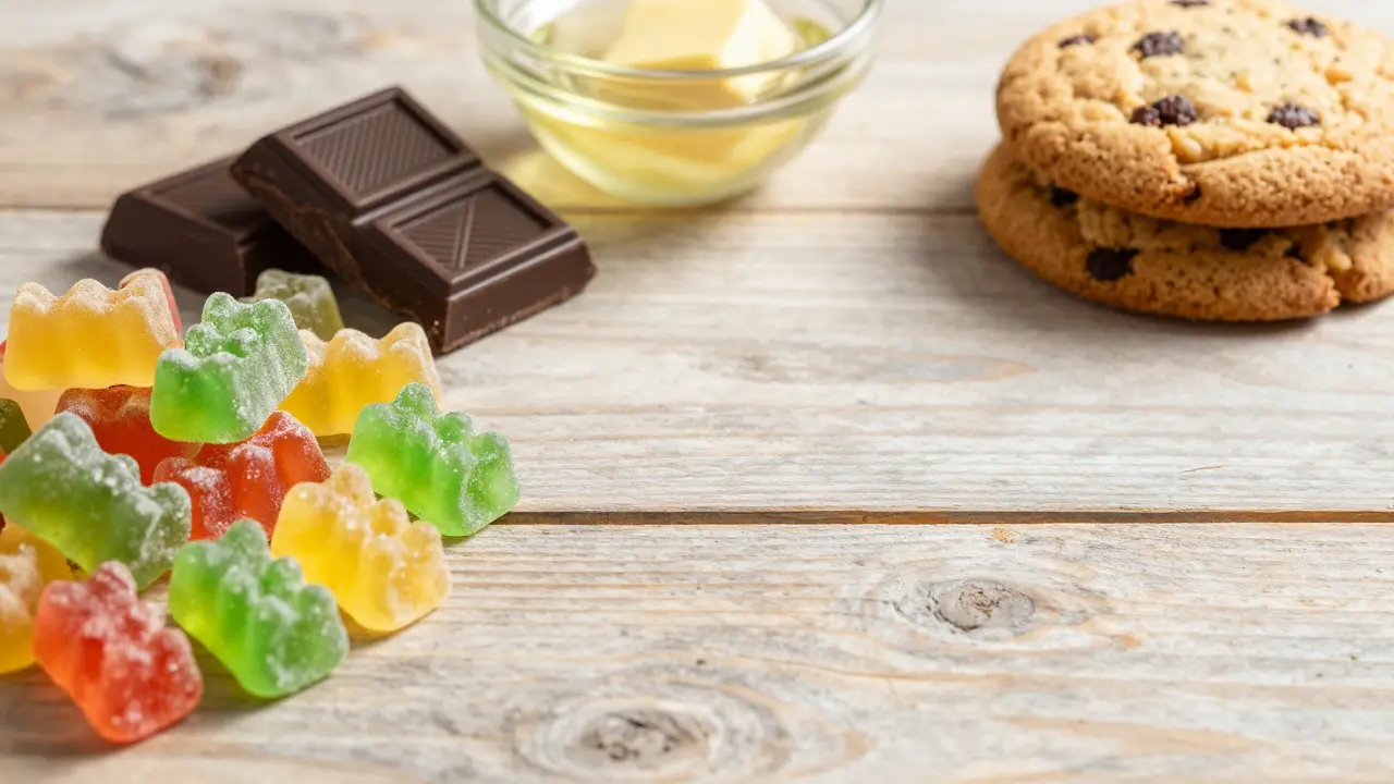 Bunte CBD-Edibles wie Gummibärchen und Schokolade auf Holztisch
