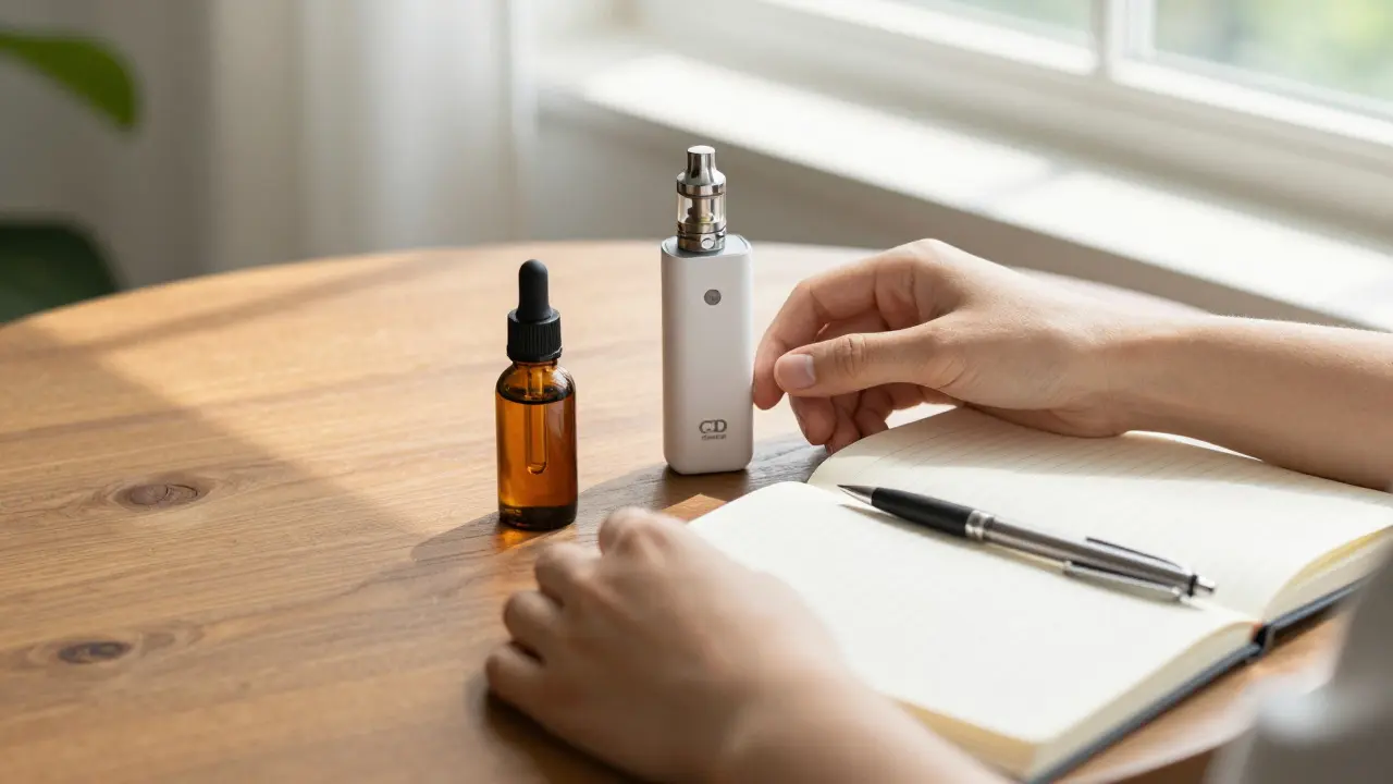 CBD oil bottle and vape device arranged on a table with notebook