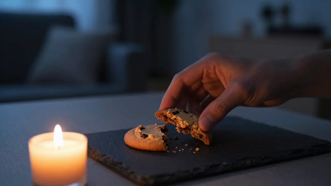 Hand bricht einen Keks bei Kerzenschein an einem dunklen Tisch in einer ruhigen Abendstimmung