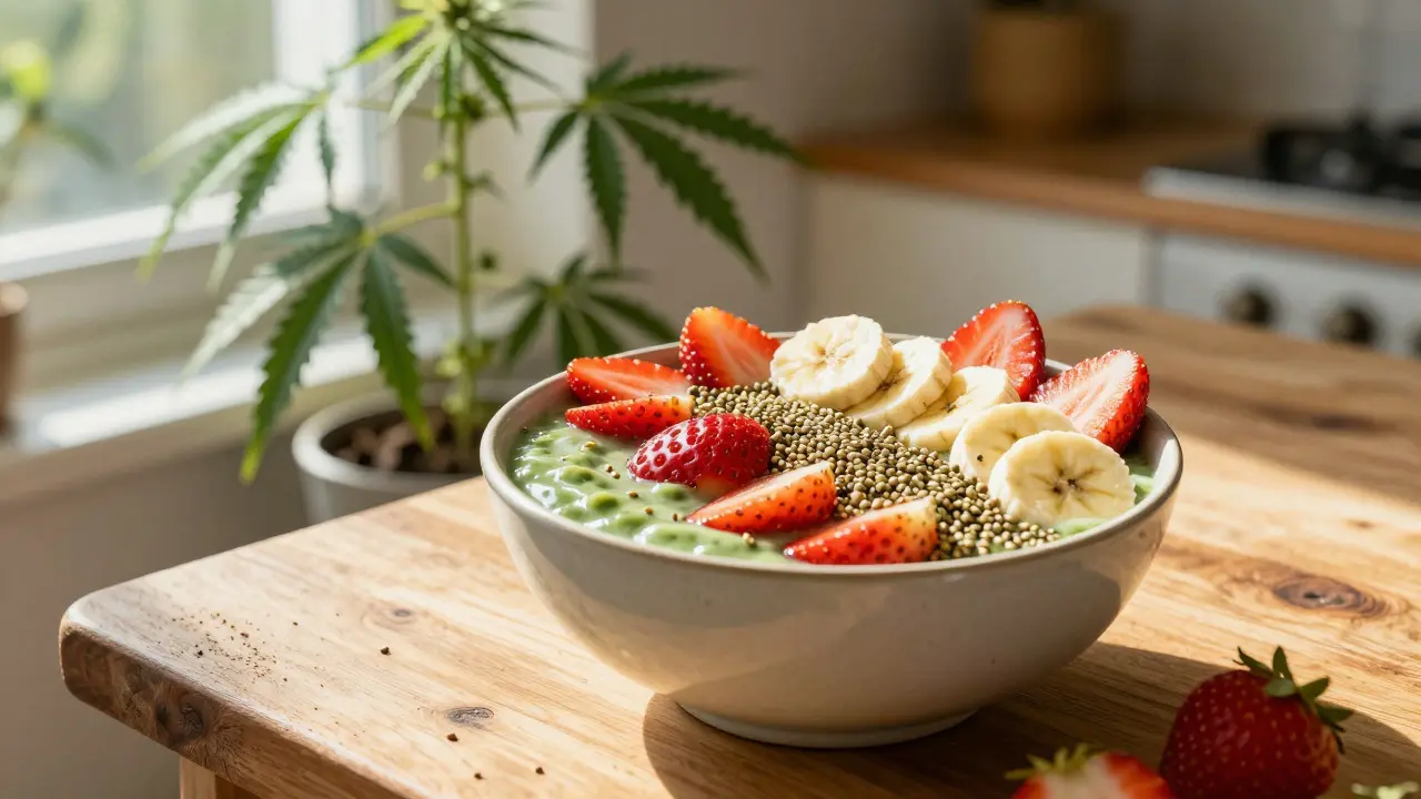 Healthy smoothie bowl topped with hemp seeds in a sunny kitchen