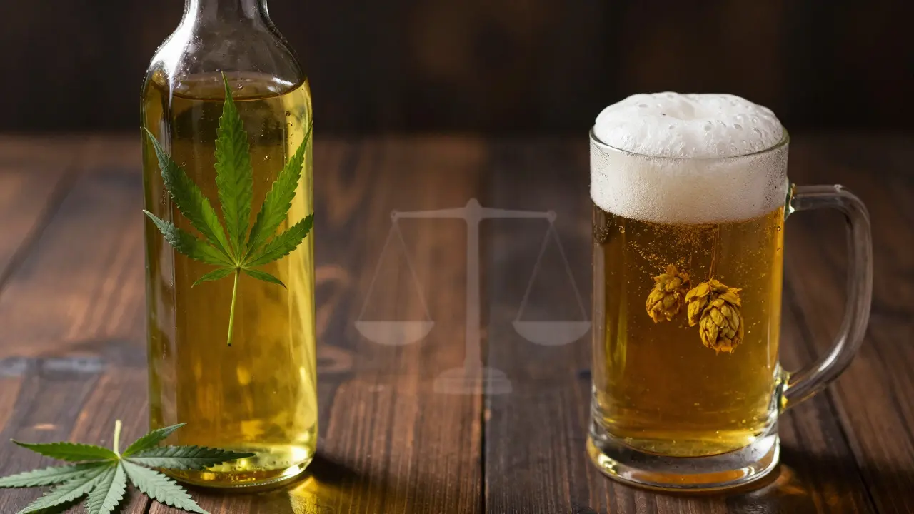 Hemfölflasche und Bierglas auf Tisch als Metapher für Leberbelastung