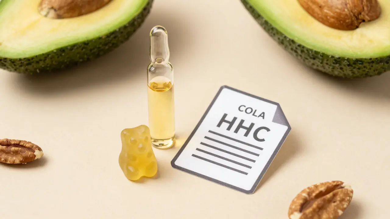 HHC-Gummi neben Öltropfen und Analyse-Zertifikat für Qualitätssicherung