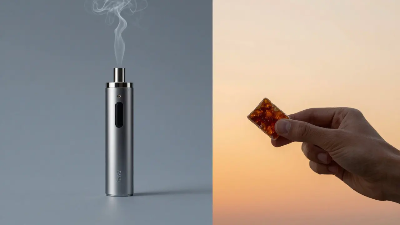 Konzeptionelle Darstellung: Vaporizer links versus Edibles rechts
