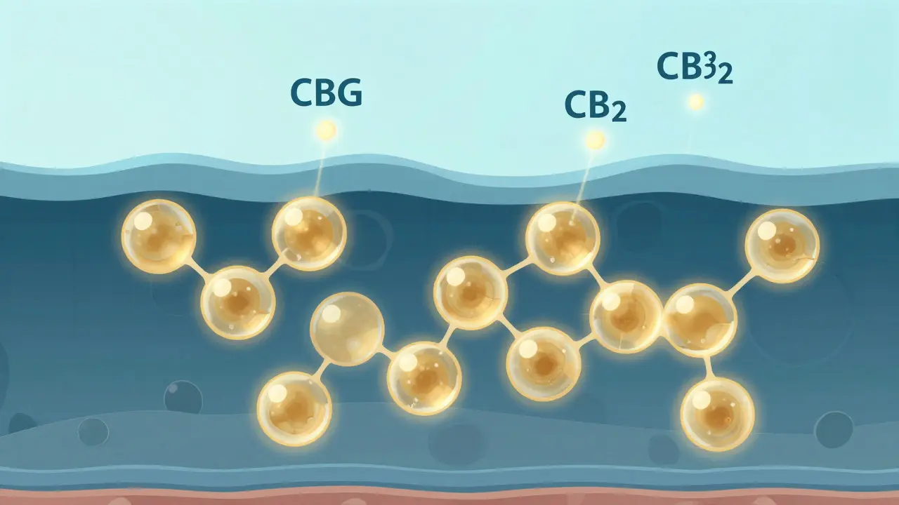 Konzeptionelle Darstellung von CBG-Molekülen in Hautschichten