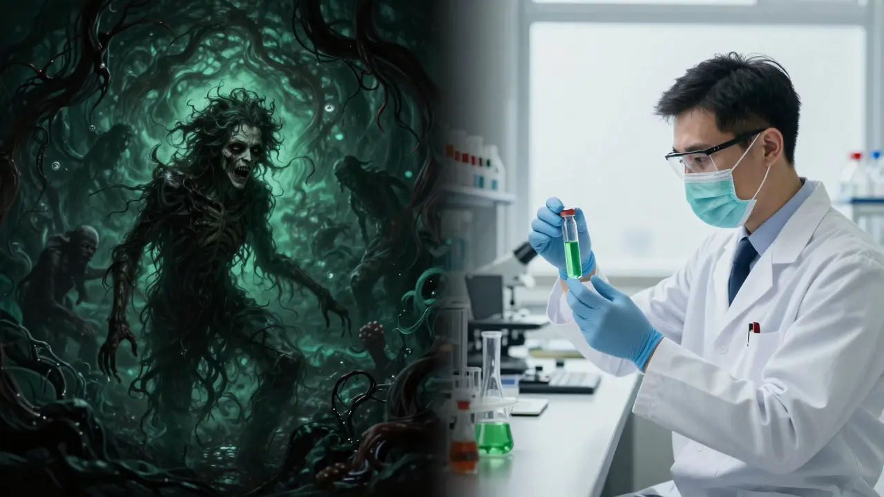 Konzeptkunst: Dunkler Mythos des Grünen Teufels gegenüber wissenschaftlicher Klarheit