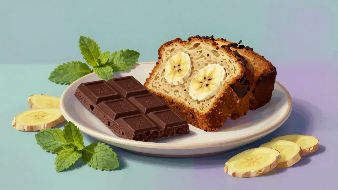 Kunstvolle Darstellung von Schokolade, Bananenbrot und Minze auf einem Teller