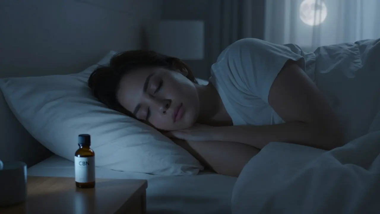 Mensch schläft friedlich im Bett, daneben eine leuchtende CBN-Flasche