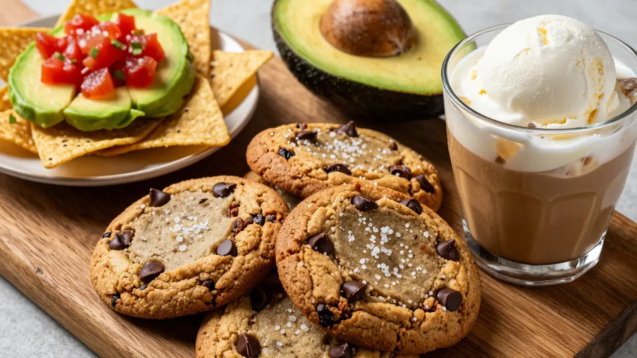 Nahaufnahme von Keksen, Avocado-Chips und eisgekühltem Kaffee auf einem Holzbrett